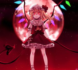 Rule 34 | 1girl, ascot, backlighting, blonde hair, blurry, bobby socks, choker, crystal, depth of field, fangs, flandre scarlet, frilled skirt, frills, full moon, glowing, glowing eyes, hat, hat ribbon, highres, laevatein, looking at viewer, mob cap, moon, parted lips, puffy short sleeves, puffy sleeves, red eyes, red moon, red ribbon, red shirt, red skirt, ribbon, shirt, short sleeves, side ponytail, skirt, skirt set, slit pupils, smile, socks, solo, tis (shan0x0shan), touhou, white socks, wings, wrist cuffs