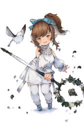 Rule 34 | 1girl, bird, bow, brown eyes, brown hair, clothing cutout, dress, final fantasy, final fantasy xiv, hair bow, highres, holding, holding staff, kemomin nosuke, lalafell, long hair, looking at viewer, pointy ears, shoulder cutout, solo, staff, thighhighs, warrior of light (ff14), white dress, white thighhighs