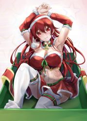 Rule 34 | 1girl, absurdres, arm belt, arm warmers, armpits, arms up, blush, box, breasts, chair, christmas, cleavage, eris greyrat, hat, highres, large breasts, licking lips, long hair, looking at viewer, mushoku tensei, navel, neck bell, no shoes, red eyes, red hair, red hat, red skirt, simple background, sitting, skirt, smile, solo, star (symbol), thighhighs, tongue, tongue out, touke, very long hair, white background, white thighhighs