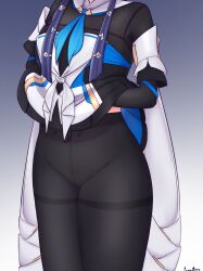 Rule 34 | 1girl, absurdres, black gloves, black pantyhose, black shirt, blue neckerchief, cleft of venus, clothes lift, elbow gloves, gloves, gradient background, groin, head out of frame, highres, honkai: star rail, honkai (series), lower body, neckerchief, no panties, pantyhose, pela (honkai: star rail), pussy, puwadoro xv, shirt, shirt lift, short sleeves, signature, simple background, solo, thighs