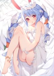 Rule 34 | 1girl, alternate costume, animal ear fluff, animal ears, ass, bare arms, bare shoulders, barefoot, blue hair, braid, breasts, commentary, dress, english commentary, feathered wings, flower, flower bracelet, food-themed hair ornament, full body, hair flower, hair ornament, highres, hololive, knees up, looking at viewer, multicolored hair, nahaki, parted lips, rabbit-shaped pupils, rabbit ears, red eyes, resolution mismatch, sleeveless, sleeveless dress, small breasts, solo, source smaller, strap slip, symbol-shaped pupils, twin braids, twintails, two-tone hair, usada pekora, virtual youtuber, white dress, white flower, white hair, white wings, wings