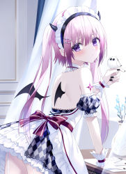 Rule 34 | 1girl, back, backless outfit, bare back, blush, bow, cropped legs, demon girl, demon horns, demon wings, dress, frilled dress, frilled hairband, frills, from behind, garter straps, hairband, highres, horns, kazunehaka, leaning forward, looking at viewer, nail polish, original, pink eyes, pink hair, shoulder blades, sidelocks, vase, waist bow, white dress, window, wings, wrist cuffs
