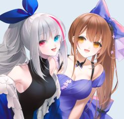 Rule 34 | 2girls, black dress, blue dress, blue eyes, bow, bowtie, breasts, brown eyes, brown hair, cleavage, cross, cross earrings, dress, earrings, girls&#039; frontline, hair bow, hair ornament, hair ribbon, heterochromia, jewelry, k2 (before dawn) (girls&#039; frontline), k2 (girls&#039; frontline), long hair, looking at viewer, mdr (cocktail observer) (girls&#039; frontline), mdr (girls&#039; frontline), medium breasts, multicolored hair, multiple girls, official alternate costume, open mouth, ponytail, purple eyes, ribbon, silver hair, tongue, tongue out, urano ura, white background