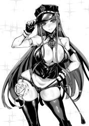 Rule 34 | 1girl, absurdres, armlet, black gloves, black panties, blush, breasts, cleavage, cleopatra (fate), cowboy shot, earrings, fate/grand order, fate (series), fingerless gloves, gggg, gloves, greyscale, grin, hat, highleg, highleg panties, highres, jewelry, large breasts, long hair, looking at viewer, midriff, monochrome, panties, parted lips, riding crop, short shorts, shorts, smile, solo, sweat, thighhighs, thighs, underwear, very long hair