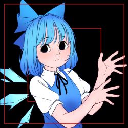 Rule 34 | 1girl, black background, black eyes, blue hair, bow, cirno, hair bow, hands up, ice, ice wings, looking at viewer, mefomefo, neck ribbon, puffy short sleeves, puffy sleeves, ribbon, short hair, short sleeves, simple background, solo, touhou, upper body, wing collar, wings