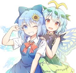 Rule 34 | 2girls, antennae, aqua hair, arm up, blouse, blue dress, blue eyes, blue hair, bow, brown eyes, cirno, commentary request, dress, eternity larva, fairy wings, flower, green dress, hair bow, hair ornament, hand on shoulder, highres, ice, ice wings, kaoling, leaf, leaf hair ornament, leaf on head, looking at viewer, multicolored clothes, multicolored dress, multiple girls, no wings, one eye closed, open mouth, outstretched arms, red bow, red ribbon, ribbon, salute, shirt, short hair, sleeveless, sunflower, touhou, two-finger salute, white background, white shirt, wing collar, wings