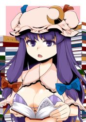 Rule 34 | 1girl, bad id, bad pixiv id, book, bow, bra, breasts, breasts out, cleavage, crescent, crescent hair ornament, hair bow, hair ornament, hat, large breasts, open mouth, patchouli knowledge, purple eyes, purple hair, solo, striped bra, striped clothes, touhou, underwear, zetsumame
