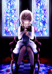 Rule 34 | 1girl, absurdres, ahoge, blonde hair, braid, brown footwear, chair, checkered floor, closed eyes, closed mouth, collarbone, dark, dress, flower, highres, holding, holding flower, majo no ie, red flower, short braid, short hair, sitting, sleeveless, sleeveless dress, solo, stained glass, timelessheaven, twin braids, twitter username, viola (majo no ie), white dress, white flower