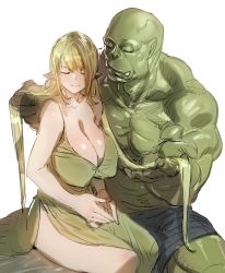 Rule 34 | 1boy, 1girl, bare shoulders, blonde hair, bow (bhp), breasts, cleavage, closed eyes, closed mouth, colored skin, dress, elf, fangs, fantasy, green dress, green skin, hetero, large breasts, long hair, manly, monster, orc, original, playing with another&#039;s hair, pointy ears, shorts, side slit, sitting, thighhighs, white background