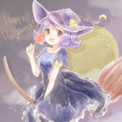 Rule 34 | 1girl, acerola (pokemon), armlet, broom, broom riding, candy, creatures (company), dress, elite four, food, game freak, happy halloween, hat, lollipop, nintendo, one-hour drawing challenge, open mouth, pokemon, pokemon sm, purple eyes, purple hair, short hair, solo, stitches, trial captain, twitter username, witch hat, yomogi (black-elf)