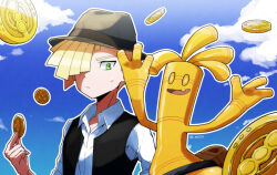 Rule 34 | 1boy, alternate costume, black vest, blonde hair, closed mouth, cloud, coin, collared shirt, commentary request, creatures (company), day, game freak, gholdengo, gladion (pokemon), green eyes, hair over one eye, hat, highres, holding, holding coin, male focus, nintendo, open clothes, open vest, outdoors, outline, pokemon, pokemon (creature), pokemon sm, shinozaki naruse, shirt, short hair, sky, sweatdrop, twitter username, vest, white shirt