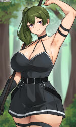 Rule 34 | 1girl, absurdres, arm up, armpits, belt, between breasts, black belt, black gloves, blurry, blurry background, breasts, closed mouth, collarbone, commentary, commission, cowboy shot, cromwellb, english commentary, forest, gloves, green hair, highres, holding, holding weapon, large breasts, looking at viewer, medium hair, nature, pixiv commission, purple eyes, side ponytail, single glove, solo, sousou no frieren, swimsuit, thick thighs, thigh strap, thighs, tree, twitter username, ubel (sousou no frieren), weapon