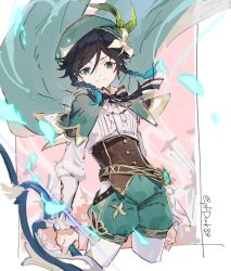 Rule 34 | 1boy, androgynous, argyle, argyle clothes, argyle legwear, beret, black hair, blue hair, bow, bow (weapon), braid, brooch, cape, closed mouth, collared cape, commentary request, corset, feathers, flower, frilled sleeves, frills, gem, genshin impact, gradient hair, green eyes, green hat, green shorts, hair flower, hair ornament, hat, highres, holding, holding bow (weapon), holding weapon, jewelry, leaf, long sleeves, looking at viewer, male focus, multicolored hair, pantyhose, pinwheel, shirt, short hair with long locks, shorts, smile, solo, twin braids, twitter username, type-alpha, venti (genshin impact), vision (genshin impact), weapon, white flower, white pantyhose, white shirt