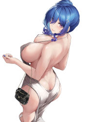 Rule 34 | 1girl, ass, ass cutout, azur lane, backless dress, backless outfit, bag, bare arms, bare back, bare shoulders, blue hair, blue nails, blush, breasts, butt crack, chain, closed mouth, clothing cutout, commentary, covered erect nipples, dress, evening gown, fingernails, from behind, hair over one eye, halterneck, handbag, highres, large breasts, lips, long hair, looking at viewer, looking back, nail polish, no bra, no panties, official alternate costume, purple eyes, rebutsu, revealing clothes, shiny skin, side ponytail, silver dress, simple background, solo, st. louis (azur lane), st. louis (luxurious wheels) (azur lane), thighs, white background