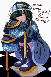 Rule 34 | 1girl, absurdres, asakara, bags under eyes, black coat, blue footwear, blunt bangs, boots, bored, closed mouth, coat, commentary request, commission, floral print, full body, green hair, hair over one eye, highres, indie virtual youtuber, knee boots, long sleeves, looking at viewer, reflective floor, short hair, signature, sleeves past fingers, sleeves past wrists, solo, squatting, tile floor, tiles, translation request, virtual youtuber, wide sleeves, yellow eyes, yosumi (vtuber)