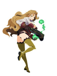 Rule 34 | 1girl, :o, boots, bow (weapon), breasts, cleavage, crossbow, from side, full body, green thighhighs, harada takehito, high heel boots, high heels, large breasts, light brown hair, long hair, long sleeves, magic, popped collar, refrain no chika meikyuu to majo no ryodan, short shorts, shorts, simple background, smoke, solo, thigh boots, thighhighs, very long hair, wavy hair, weapon, white background