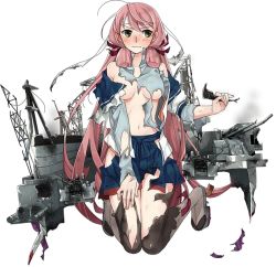 Rule 34 | 10s, 1girl, akashi (kancolle), akashi kai (kancolle), armor, bandana, blush, breasts, fujikawa, full body, hip vent, kantai collection, long hair, looking away, medium breasts, official art, personification, pink hair, skirt, solo, thighhighs, torn clothes, torn thighhighs, transparent background, underboob, wavy mouth, yellow eyes