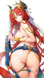 Rule 34 | 1girl, absurdres, armlet, ass, bare arms, bare shoulders, blue eyes, breasts, genshin impact, highres, horns, kiriko (araragikoyomi), large breasts, long hair, looking at viewer, nilou (genshin impact), red hair, simple background, sky, smile, solo, thighs, veil, very long hair, white background