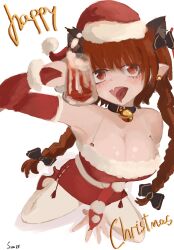 Rule 34 | 1girl, animal ears, beer mug, bell, braid, breasts, cat ears, cat girl, cleavage, commentary, cup, english commentary, extra ears, full body, fur trim, gloves, hat, high heels, highres, holding, holding cup, kaenbyou rin, large breasts, long hair, merry christmas, mug, neck bell, nekomata, pointy ears, red eyes, red footwear, red gloves, red hair, red hat, santa hat, seiza, side braids, signature, simple background, sitting, solo, sum re1, touhou, twin braids, white background
