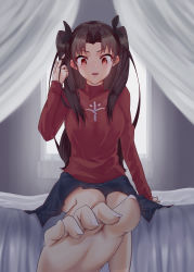 Rule 34 | 1girl, absurdres, fate/stay night, fate (series), feet, foot focus, twirling hair, highres, leg up, long hair, looking at viewer, parted lips, pov, red eyes, sitting, soles, toes, tohsaka rin, twintails