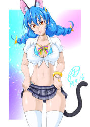 Rule 34 | 1girl, animal ears, bikini, bikini under clothes, blue hair, breasts, cat ears, cat girl, cat tail, cure cosmo, highres, large breasts, light blue hair, looking at viewer, navel, orange hair, precure, school uniform, solo, star twinkle precure, swimsuit, tail, tamo (nama-yatsuhashi), thighhighs, white background, yuni (precure)