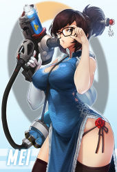 Rule 34 | 1girl, adjusting eyewear, bare shoulders, between breasts, black panties, black thighhighs, breasts, brown eyes, brown hair, character name, chinese clothes, cleavage cutout, clothing cutout, covered erect nipples, covered navel, cowboy shot, curvy, dress, elbow gloves, flower, glasses, gloves, goomrrat, gun, hair bun, hair ornament, hair stick, large breasts, lips, looking at viewer, mei (overwatch), overwatch, overwatch 1, panties, parted lips, quipao, side-tie panties, side ponytail, single glove, single hair bun, sleeveless, solo, standing, thick thighs, thighhighs, thighs, underwear, weapon, white gloves, wide hips