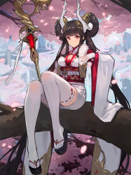 Rule 34 | 1girl, black hair, blunt bangs, breasts, bridal gauntlets, cherry blossoms, cleavage, closed eyes, detached sleeves, fingerless gloves, gloves, hair rings, highres, horns, japanese clothes, kimono, kishiyo, long hair, looking at viewer, medium breasts, obi, outdoors, petals, red eyes, ribbon-trimmed legwear, ribbon-trimmed sleeves, ribbon trim, sandals, sash, shadowverse, short kimono, sidelocks, sitting, smile, solo, thighhighs, toes, twintails, very long hair, white gloves, white thighhighs