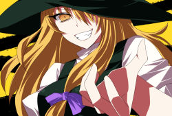 Rule 34 | 1girl, blonde hair, bow, clenched teeth, female focus, flat color, grin, hair bow, hair over one eye, hane sotsu, hat, kirisame marisa, outstretched hand, reaching, smile, solo, teeth, touhou, witch hat, yellow eyes