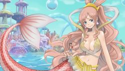 Rule 34 | 1boy, 1girl, bikini, bikini top only, blue eyes, blush, breasts, bubble, cleavage, coral, earrings, fins, fish tail, fishiebug, fishman island, giant, giantess, grin, hat, highres, holding, jewelry, long hair, mermaid, monkey d. luffy, monster girl, navel, one piece, pink hair, scar, shell, shirahoshi, size difference, sky, smile, straw hat, swimsuit, tail, topless male, water, waves