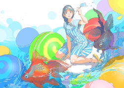 Rule 34 | 1girl, bare legs, blue dress, bracelet, dress, fish, goldfish, grey eyes, grey hair, hair over shoulder, hand up, jewelry, long hair, original, pomodorosa, ponytail, sandals, sitting, solo, striped clothes, striped dress, water
