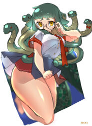 Rule 34 | adjusting eyewear, bare legs, black-framed eyewear, blurry, blurry background, bow, bowtie, breasts, clenched hands, glasses, green hair, hand on eyewear, highres, holding, holding clothes, holding skirt, jakoo07, legs together, medium breasts, miniskirt, original, red bow, red bowtie, red tie, shirt, skirt, snake hair, thick thighs, thighs, tight clothes, tight shirt, yellow eyes
