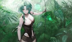 Rule 34 | 1girl, antenna hair, black gloves, black shorts, breasts, cleavage, clock, closed mouth, fingerless gloves, gloves, green eyes, green hair, highres, jungle, large breasts, looking to the side, mantis (path to nowhere), medium hair, muaooooo, nature, navel, outdoors, path to nowhere, shorts, solo