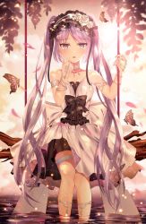 Rule 34 | 1girl, absurdres, blurry, blush, bug, butterfly, depth of field, dress, euryale (fate), euryale (third ascension) (fate), fate/hollow ataraxia, fate (series), frilled hairband, frills, hairband, highres, insect, junpaku karen, legs together, long hair, looking at viewer, outdoors, parted lips, petals, purple eyes, purple hair, sitting, soaking feet, solo, swing, tree, twintails, very long hair, white dress