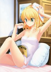 Rule 34 | 1girl, absurdres, arm up, armpits, bare shoulders, bed, bed sheet, blonde hair, book, bottle, breasts, green eyes, highres, honeycoming royalsweet, knee up, legs, milk bottle, naked towel, on bed, open book, pillow, rakko (makarakko), reading, side slit, sitting, small breasts, solo, tagaya marino, thighs, towel