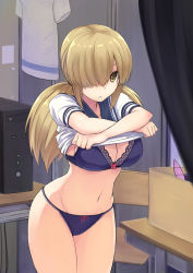 Rule 34 | 1girl, blonde hair, box, bra, breasts, cleavage, clothes lift, coupe50, groin, hair over one eye, lace, lace-trimmed panties, lace bra, lace trim, large breasts, modem, mole, mole under eye, navel, panties, photokano, ribbon, school uniform, serafuku, shirt lift, solo, twintails, uchida yuuko, underwear, undressing, yellow eyes