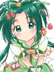 Rule 34 | 0 yoru 6, 1girl, akimoto komachi, bell, blush, bow, butterfly brooch, butterfly earrings, candy, candy cane, christmas, commentary, cure mint, earrings, food, gloves, green eyes, green hair, hair bow, hair ornament, jewelry, long hair, magical girl, parted bangs, precure, solo, star (symbol), star hair ornament, yes! precure 5