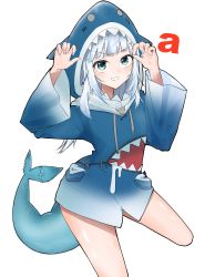 Rule 34 | 1girl, a (phrase), animal hood, blue eyes, blue hair, blue hoodie, blunt bangs, claw pose, fins, fish tail, gawr gura, gawr gura (1st costume), highres, hololive, hololive english, hood, hoodie, looking at viewer, multicolored hair, open hands, shark hood, shark tail, silver hair, solo, standing, standing on one leg, streaked hair, tail, v-shaped eyebrows, virtual youtuber, white background, yakiniku-joan.