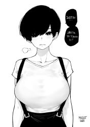 Rule 34 | 1girl, puff of air, arms at sides, breasts, collarbone, earrings, english text, facing viewer, greyscale, highres, jewelry, large breasts, looking at viewer, monochrome, norman maggot, olive laurentia, original, pixie cut, shirt, short hair, simple background, skirt, solo, speech bubble, stud earrings, suspender skirt, suspenders, swept bangs, t-shirt, upper body, white background