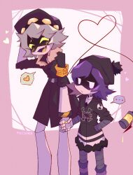Rule 34 | 1boy, 1girl, beanie hat, blush, choker, coat, glitch productions, hat, highres, holding hands, murder drones, n (murder drones), purple eyes, purple hair, robot, size difference, tail, uzi (murder drones)