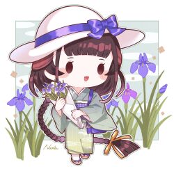 Rule 34 | 1girl, black hair, blue bow, blue flower, blush, bouquet, bow, braid, braided ponytail, chibi, flower, full body, green kimono, hat, hat bow, highres, holding, holding bouquet, japanese clothes, kantai collection, kimono, long hair, long sleeves, multicolored hair, nada namie, obi, open mouth, purple flower, sash, signature, solo, sun hat, very long hair, white hat, wide sleeves, yamashio maru (kancolle)