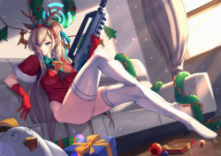 Rule 34 | 1girl, absurdres, asuna (blue archive), bell, bld zi, blonde hair, blue archive, blue eyes, blue ribbon, box, breasts, brown hair, bullpup, christmas, couch, curtains, fake antlers, gift, gift box, gloves, gun, hair between eyes, hair ribbon, halo, highres, holding, holding gun, holding weapon, indoors, long hair, looking at viewer, medium breasts, on couch, red gloves, ribbon, sitting, thighhighs, thighs, weapon, white thighhighs, window