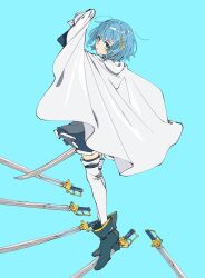 Rule 34 | 1girl, blue background, blue eyes, blue footwear, blue hair, blue skirt, cape, cape lift, expressionless, head tilt, highres, hyamoo, looking at viewer, mahou shoujo madoka magica, miki sayaka, short hair, skirt, solo, sword, thighhighs, weapon, white cape, white thighhighs