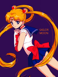 Rule 34 | 1girl, bishoujo senshi sailor moon, blonde hair, blue background, blue eyes, blue sailor collar, blue skirt, bow, character name, choker, circlet, cowboy shot, double bun, dutch angle, earrings, elbow gloves, from side, gem, gloves, hair bun, hair ornament, jewelry, kneepits, kumakichi (mnk), light smile, long hair, looking at viewer, looking back, magical girl, miniskirt, orange hair, own hands clasped, own hands together, red bow, sailor collar, sailor moon, school uniform, serafuku, simple background, skirt, smile, solo, standing, tsukino usagi, twintails, very long hair, white gloves