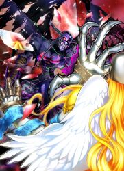 Rule 34 | angel, angel and devil, angel boy, angemon, blonde hair, claws, demon boy, devimon, digimon, digimon (creature), highres, long hair, looking at another, wings
