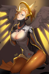 Rule 34 | 1girl, 2017, arm behind back, armor, artist name, bespectacled, black-framed eyewear, black gloves, blonde hair, blue eyes, bodysuit, boots, breasts, brown pantyhose, cleavage, cleavage cutout, clothing cutout, dated, eyelashes, glasses, gloves, glowing, glowing wings, gradient background, greaves, grey background, halo, hand on own chest, hand up, headgear, knee boots, large breasts, loincloth, long sleeves, looking at viewer, makeup, mascara, mechanical halo, mechanical wings, mercy (overwatch), midair, nose, orange pantyhose, overwatch, overwatch 1, pantyhose, parted lips, pelvic curtain, pink lips, ponytail, round eyewear, seiza, shiny clothes, short hair, short ponytail, sitting, solo, son6, spread wings, sweatdrop, swiss flag, teeth, wings, yellow wings
