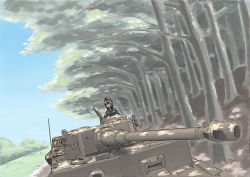 Rule 34 | 10s, 1girl, dappled sunlight, day, dutch angle, garrison cap, girls und panzer, hat, hatch, looking to the side, military, military vehicle, motor vehicle, nishizumi maho, road, short hair, sketch, sky, smile, solo, sunlight, tank, tiger i, tree, uniform, vent arbre