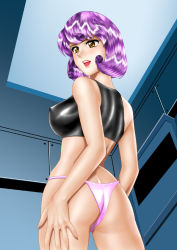 Rule 34 | 1990s (style), 1girl, agent aika, aika (series), ass, bare legs, bare shoulders, black bra, black delmo, black delmo leader, blush, bra, breasts, brown eyes, covered erect nipples, delmo, from behind, hand on own hip, indoors, looking back, medium breasts, open mouth, panties, pantyshot, purple hair, retro artstyle, shiny skin, short hair, skin tight, solo, sports bra, standing, thighs, underwear, underwear only, yuusuke (ziyasu)