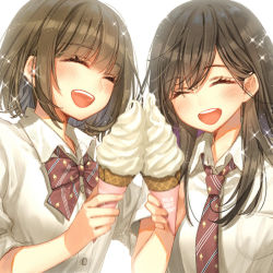 Rule 34 | 2girls, :d, ^ ^, blush, bow, bowtie, brown bow, brown hair, brown neckwear, closed eyes, collared shirt, commentary request, diagonal-striped bow, diagonal-striped bowtie, diagonal-striped clothes, diagonal-striped necktie, diagonal-striped neckwear, dress shirt, facing viewer, food, hair between eyes, holding, holding food, ice cream, ice cream cone, kawaku, long hair, multiple girls, necktie, open mouth, original, round teeth, school uniform, shirt, short sleeves, simple background, smile, soft serve, sparkle, striped bow, striped bowtie, striped clothes, striped neckwear, teeth, toasting (gesture), upper body, upper teeth only, white background, white shirt
