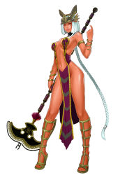 Rule 34 | 1girl, armlet, bare shoulders, beckoning, braid, breasts, center opening, dark-skinned female, dark skin, egyptian, egyptian clothes, facial tattoo, full body, groin, headgear, high heels, iset, lipstick, long hair, looking at viewer, mabinogi, mabinogi heroes, makeup, navel, no bra, pelvic curtain, preter, revealing clothes, sideboob, simple background, smile, solo, staff, strapless, tabard, tattoo, thighs, very long hair, white background, white hair, yellow eyes