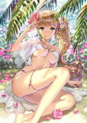 Rule 34 | 1girl, arm support, ass, backlighting, bare legs, barefoot, bikini, blonde hair, blush, breasts, closed mouth, collarbone, dappled sunlight, day, feet out of frame, fern, flower, gold trim, gradient hair, hair flower, hair in own mouth, hair ornament, hibiscus, highres, large breasts, lens flare, long hair, looking at viewer, midori foo, moe2018, multicolored hair, on ground, open clothes, original, outdoors, petals, pink hair, plant, reclining, see-through, short sleeves, side ponytail, skindentation, smile, solo, strapless, strapless bikini, sunlight, swimsuit, thigh strap, thighs, underboob, very long hair, white bikini